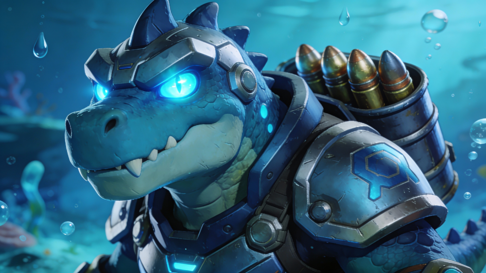 Pierce, neuer legendärer Brawler 2026, futuristischer Dinosaurier mit Rüstung und Munitionssystem, blau-cyan Effekte