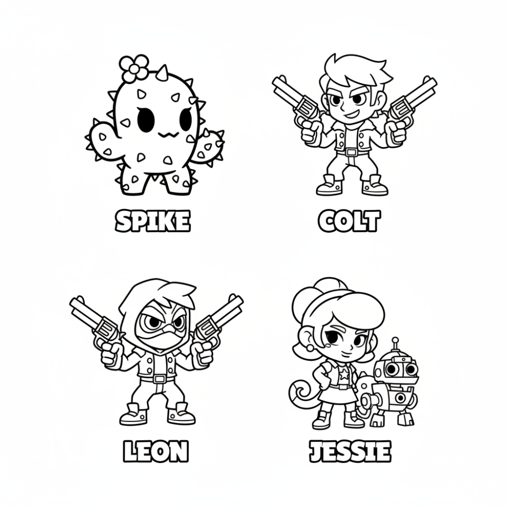 Sélection de quatre coloriages Brawl Stars à imprimer montrant Spike, Colt, Leon et Jessie
