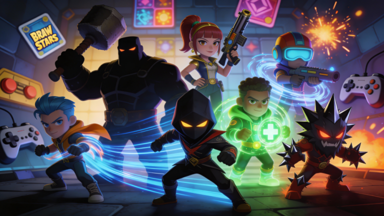 Six classes de brawlers distincts représentés visuellement : Tank Frank massif, Marksman Piper fine, Assassin Leon rapide, Support Byron brillant, Controller Charlie, Damage Dealer Spike