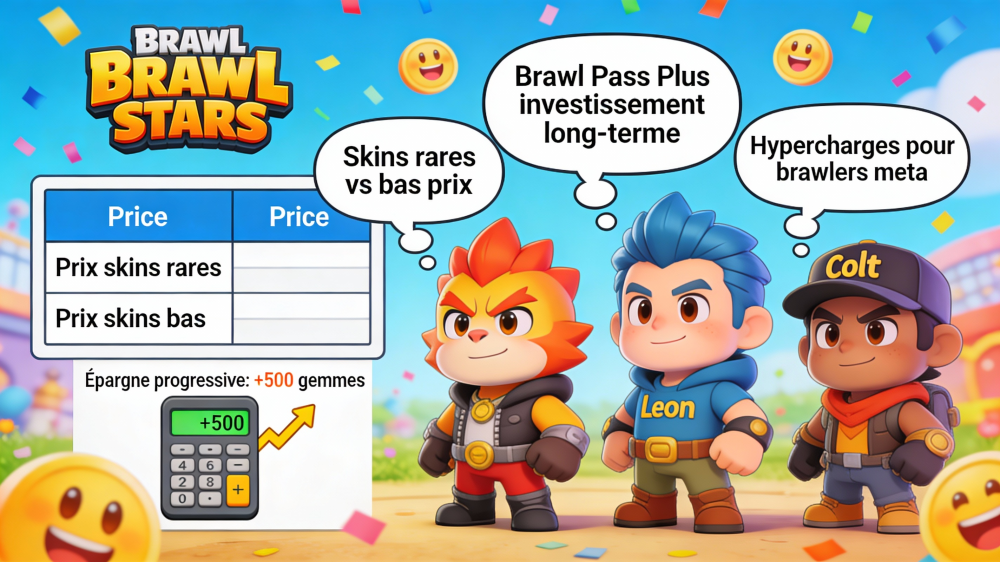 Strategie zur Edelsteinoptimierung zeigt drei Brawler mit intelligenten Kaufentscheidungsblasen und Vergleichstabellen