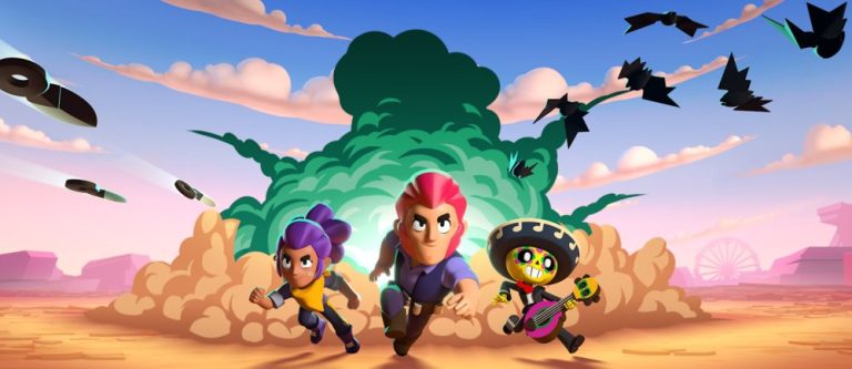 Visuel officiel Brawl Stars avec trois personnages au premier plan sur fond désertique