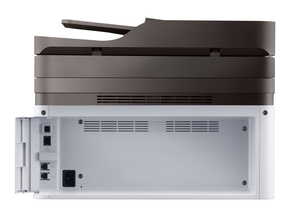 Rückseite eines Samsung Xpress M2070 mit Anschlüssen (USB, Netzwerk) und Rückwand