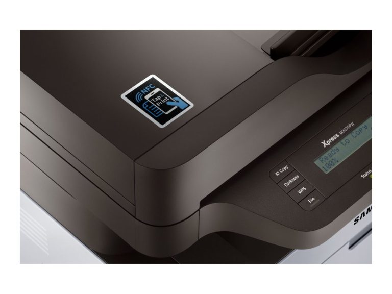 Gros plan sur la zone WPS d'une imprimante Samsung Xpress M2070 (bouton WPS sur le panneau)