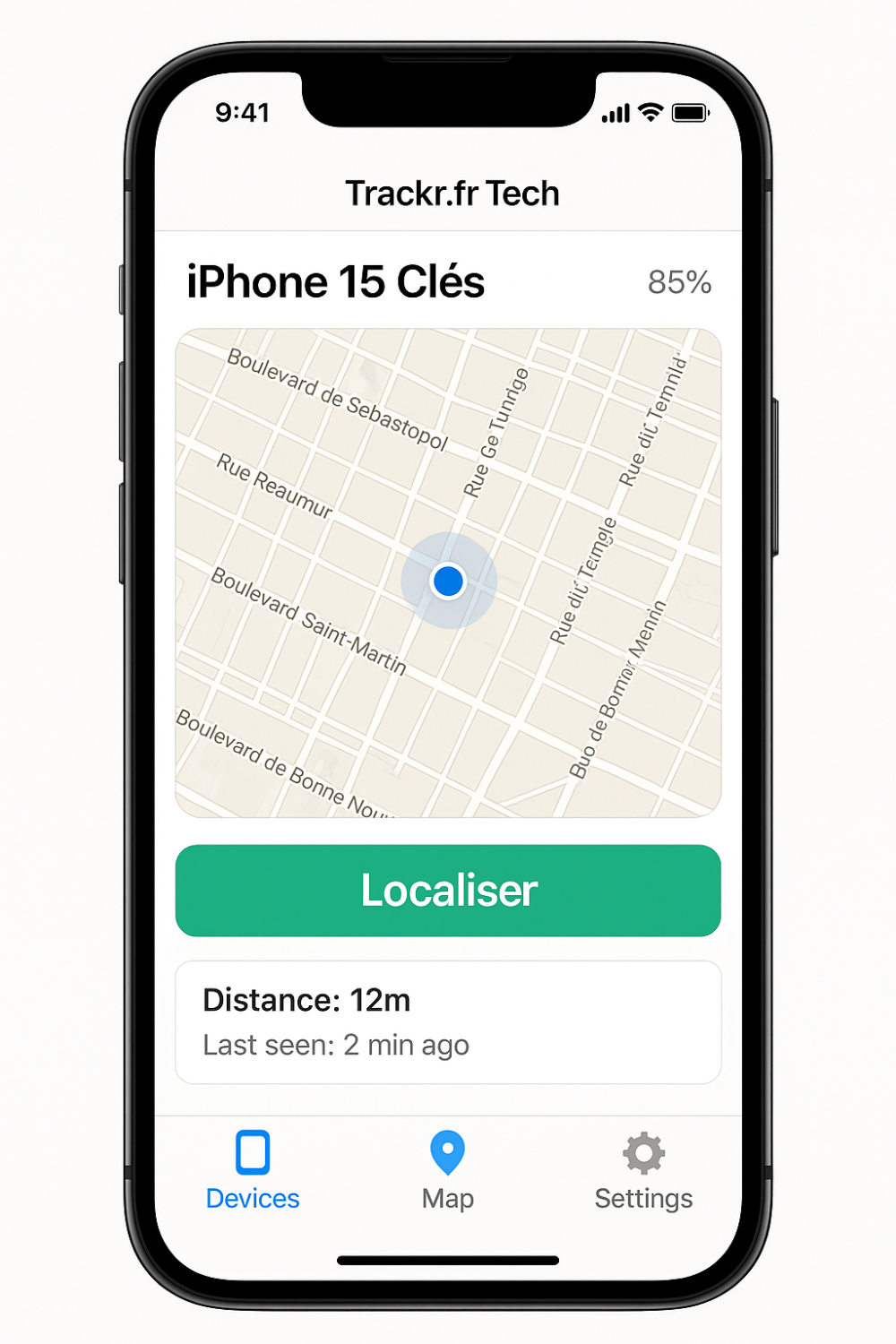 Trackr.fr Tech App-Oberfläche auf Smartphone: Ortungsbildschirm mit Karte, 'Lokalisieren'-Button und Echtzeit-Entfernung