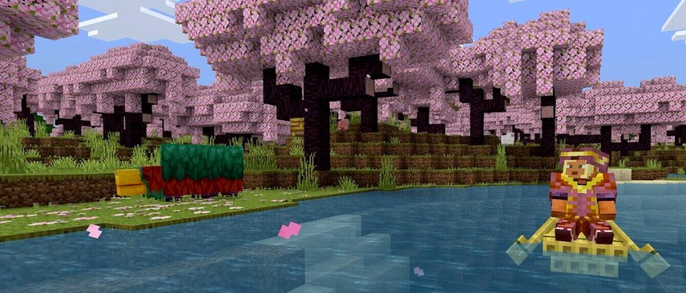 Cherry Grove Biome by a lake in Minecraft
