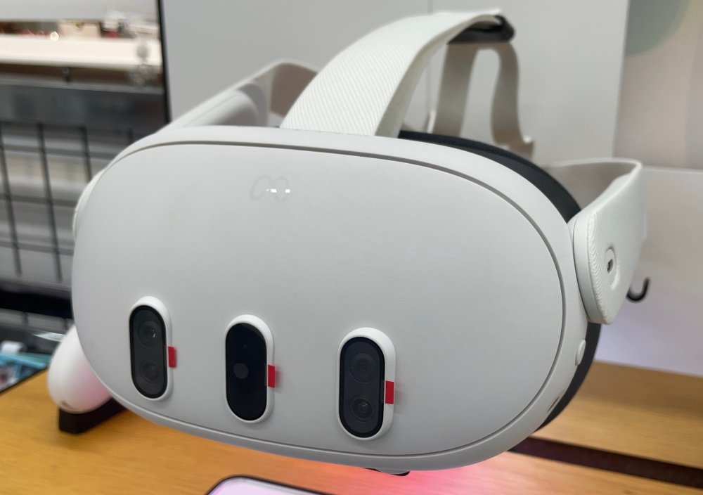 Front face of the Meta Quest 3 with its three sensor and camera modules