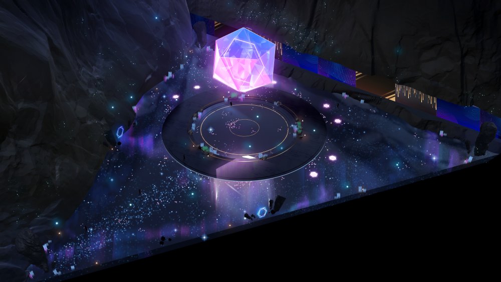 Stylized metaverse hub with glowing crystal and water feature — symbolic of social 3D spaces