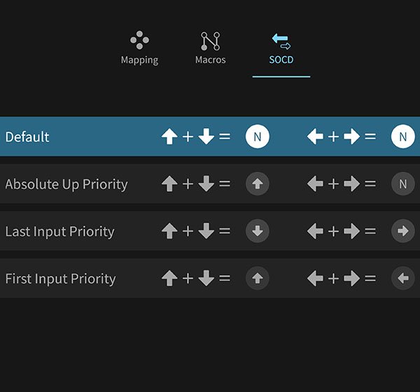 Ultimate Software V2: selection of SOCD modes (Neutral, Absolute Up, Last/First Input Priority)