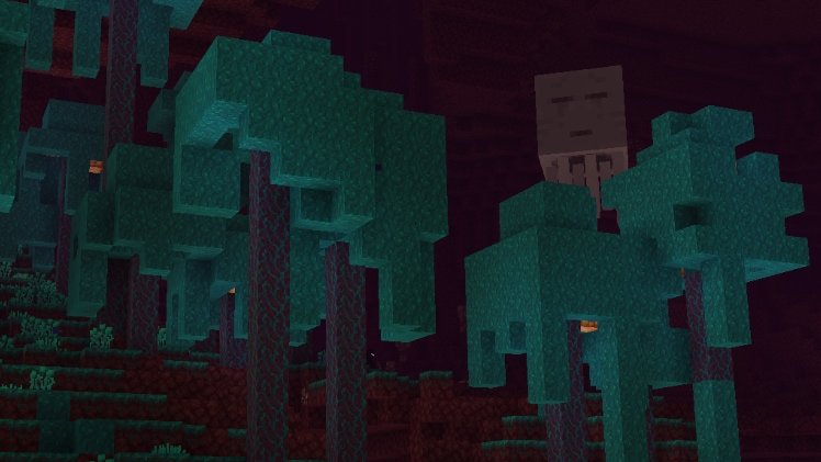 Warped Forest with cyan trees and a ghast in the background