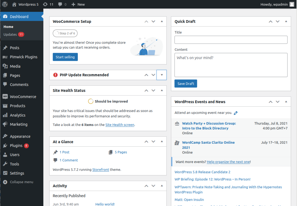 WordPress 5.7 Dashboard — illustration of a CMS admin interface