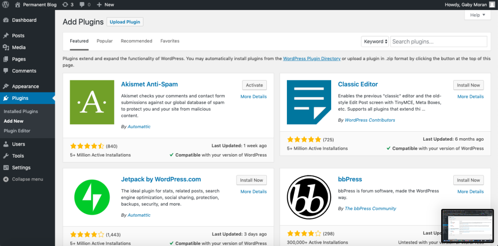 WordPress screen Adding a plugin with plugin search — illustration of an extensible CMS