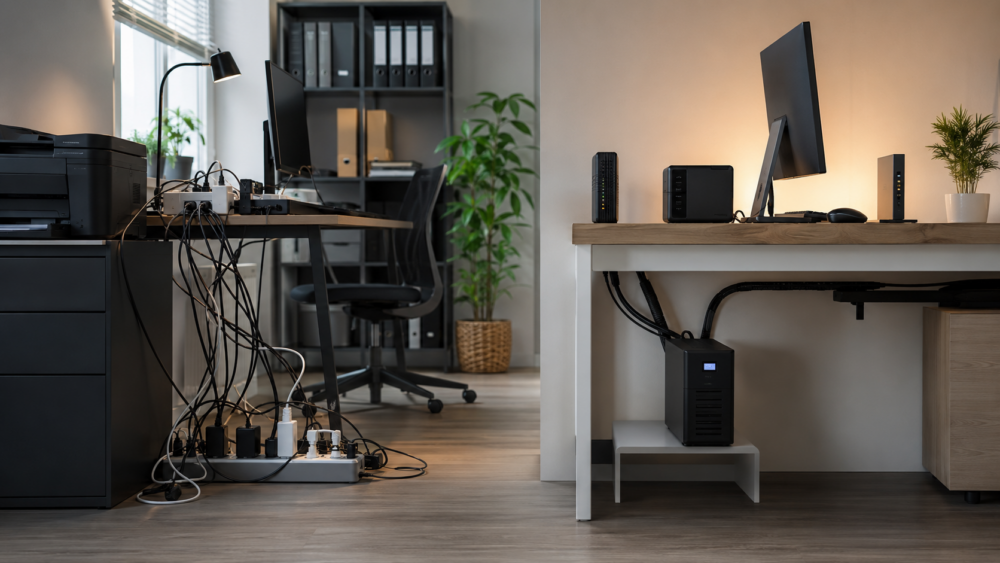 Comparaison entre une multiprise surchargée et un onduleur correctement installé sous un bureau