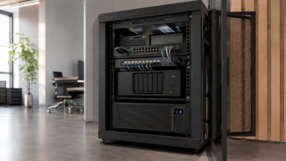 Onduleur rackable installé sous un switch et un NAS dans une petite baie informatique