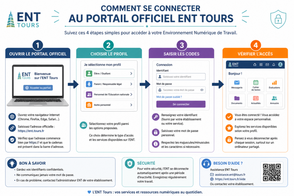 Schéma des étapes de connexion à l’ENT Tours depuis le portail officiel